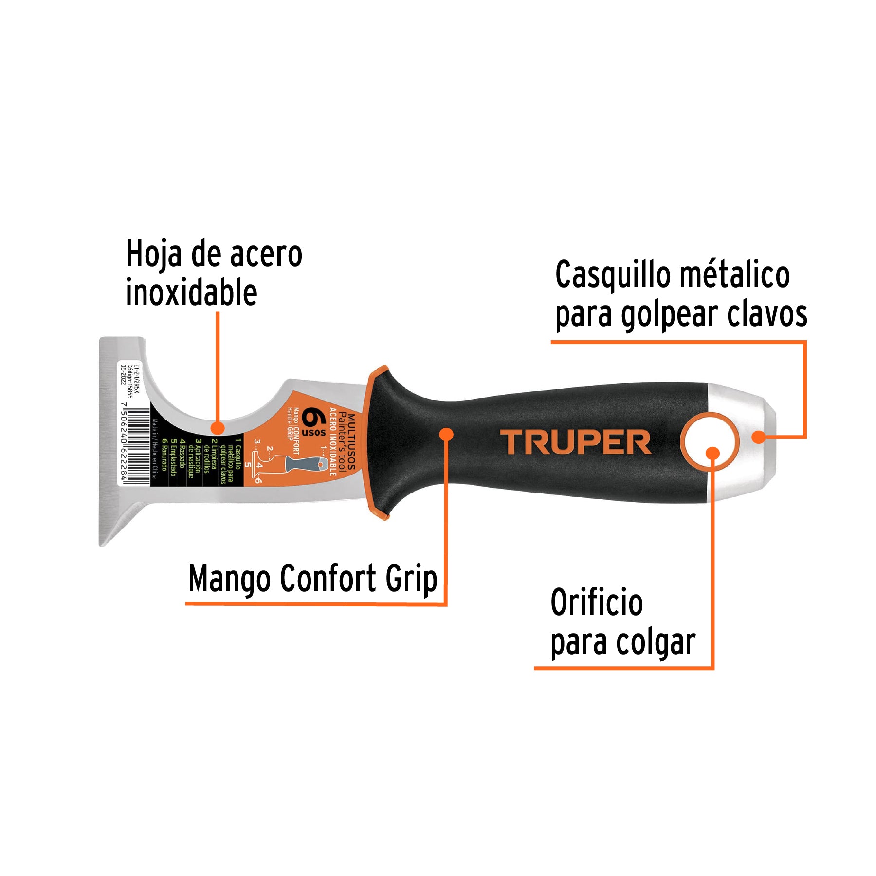 TRUPER ESPATULA 2-1/2'' 6 USOS, ACERO, EXPERT