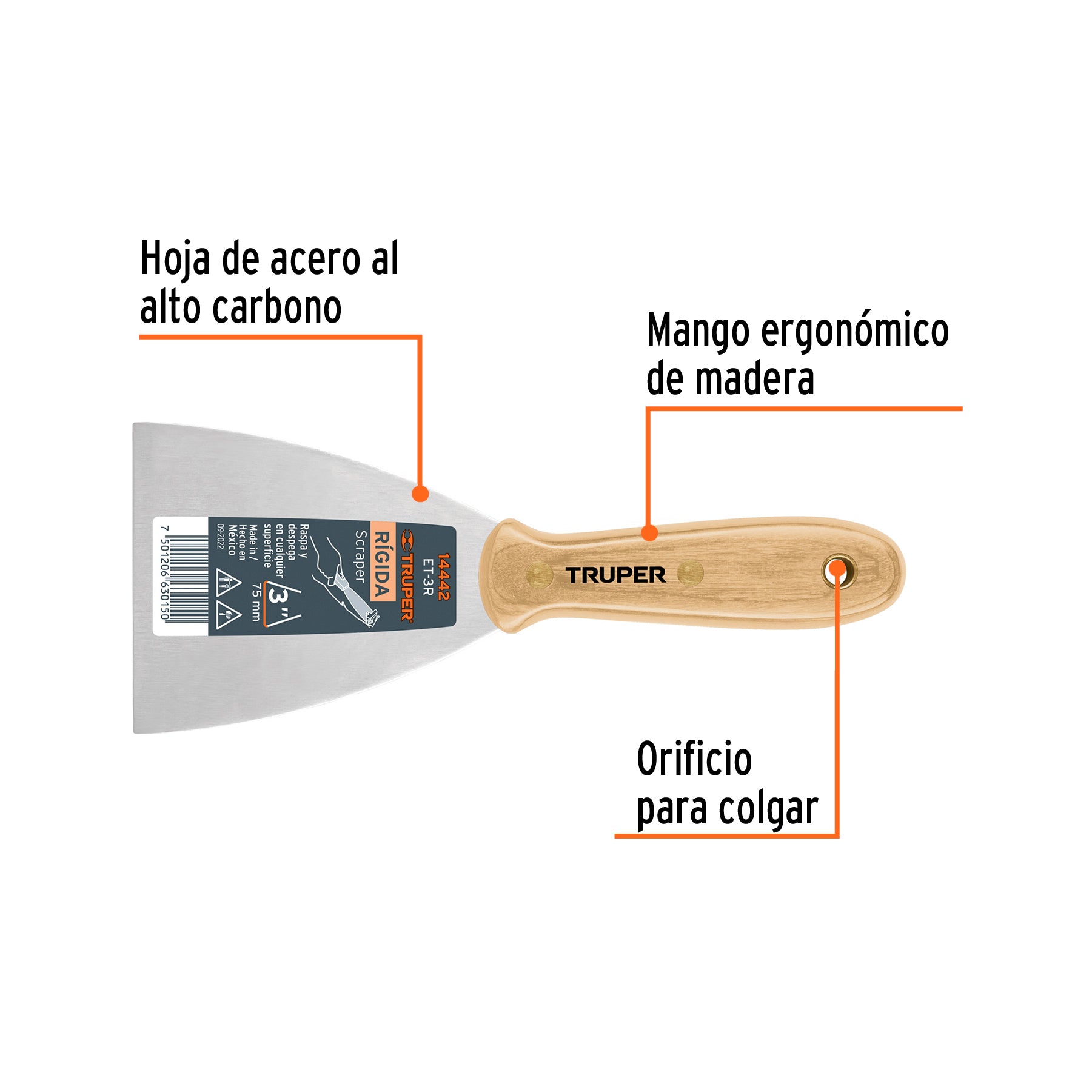 TRUPER ESPATULA RIGIDA 3'' MANGO MADERA